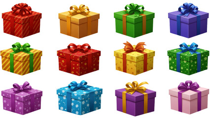 Set of 12 Colorful Gift Boxes with Bows, 3D Realistic Christmas Presents, Festive Holiday Illustration