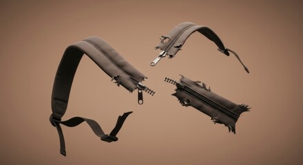 Torn backpack straps and zippered compartments, depicting a damaged, disintegrating design element, against a neutral background.