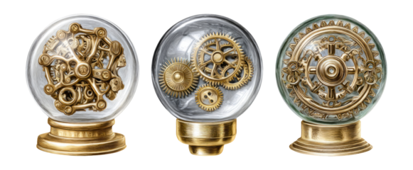 Vintage Steampunk Snow Globes with Intricate Gear Designs and Brass Accents