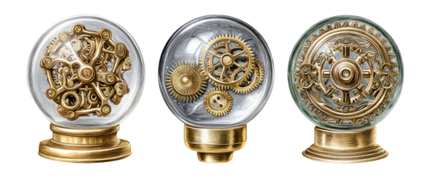 Vintage Steampunk Snow Globes with Intricate Gear Designs and Brass Accents