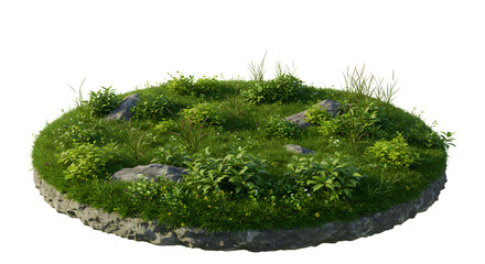 Lush green island with vibrant flora, rocks, and grass, perfect for nature-themed designs