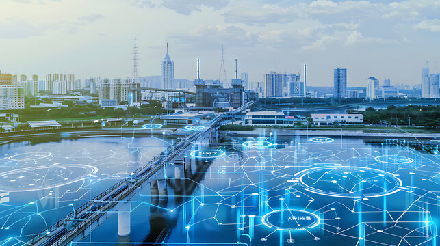 Smart city infrastructure with digital network overlay on urban waterway and modern buildings