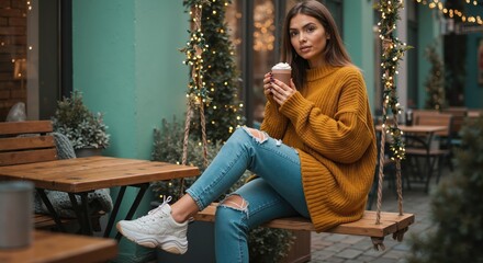 A young woman in a cozy sweater enjoys hot chocolate on a swing at an outdoor cafe. Autumn city lifestyle with festive lights.