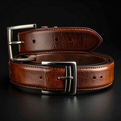 Two brown leather belts, folded, with metal buckles,  rest on a dark surface