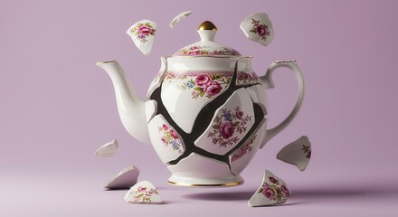 A decorative porcelain teapot, adorned with delicate floral patterns, shatters dramatically against a soft lavender backdrop, showcasing the pieces in mid-air.