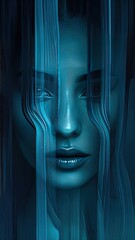 Close-up of a woman, deep teal/blue tones, ethereal
