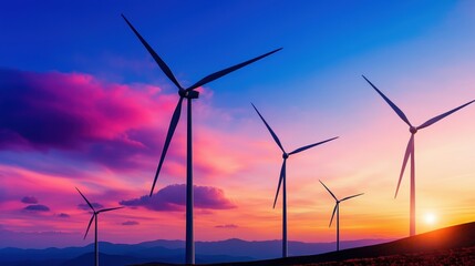 Majestic wind turbines against a vibrant sunset sky