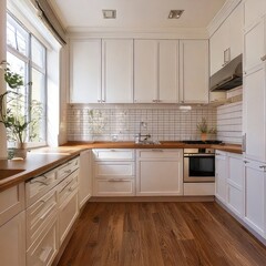 Fototapeta premium Bright white kitchen with wooden floors