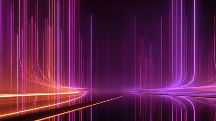 Abstract neon light streaks create a futuristic cityscape with a reflective surface