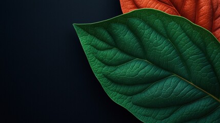 Close-up of vibrant green and red leaves on dark background