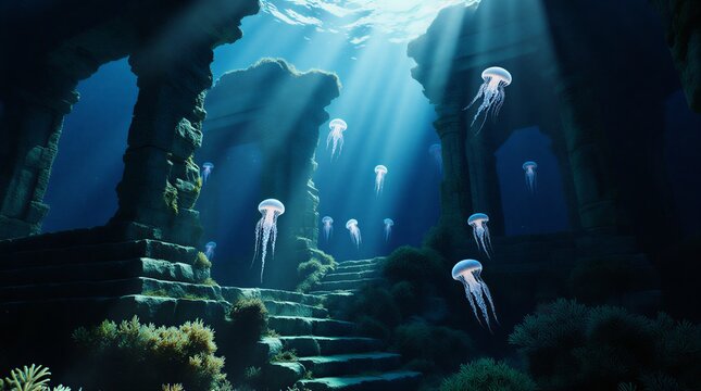 luminescent coral reef teeming with bioluminescent jellyfish in an ancient underwater city | fantasy, adventure, exploration, scifi, nature theme