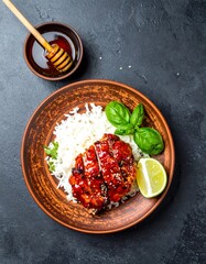 Honey glazed chicken with rice on a plate