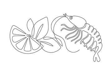 Shrimp with slice of lemon and leaves, drawn with continuous line in minimalism, abstract, krill, seafood, delicacy, one line, editable vector contour