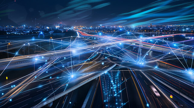 Nighttime cityscape with illuminated highways and digital network connections overlaying urban infrastructure