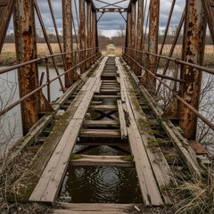 Abandoned and Dilapidated Rusty Metal Bridge with Broken Wooden Planks Over a River, Leading to a Remote Path Under an Overcast Sky