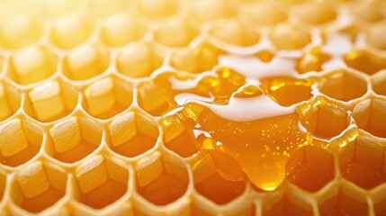 Close-up of golden honey dripping from honeycomb