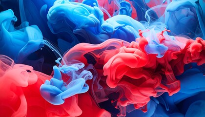 A vibrant abstract composition featuring swirling, colored smoke in shades of red and blue, creating a dynamic and fluid visual effect