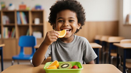 young boy happily eating fresh fruit snack at his school desk during lunchtime break | education, food, childhood, health, lifestyle theme