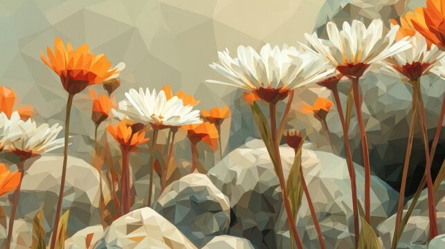 Abstract low poly illustration of a field of daisies and orange flowers among rocks, creating a serene landscape