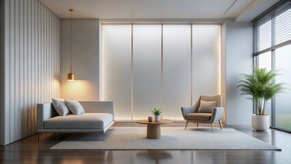 Fototapeta premium Serene Minimalist Living Room Interior Design with Modern Furniture and Soft Lighting