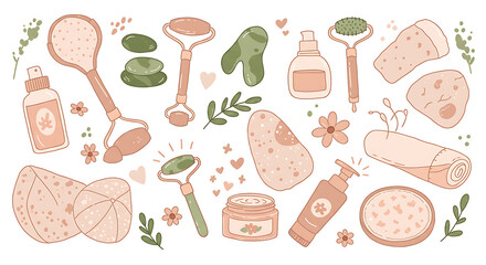 Skincare Products and Tools Flat Art Isolated on White Background