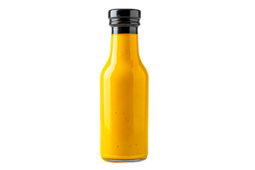 a bottle of mustard sauce on a white background