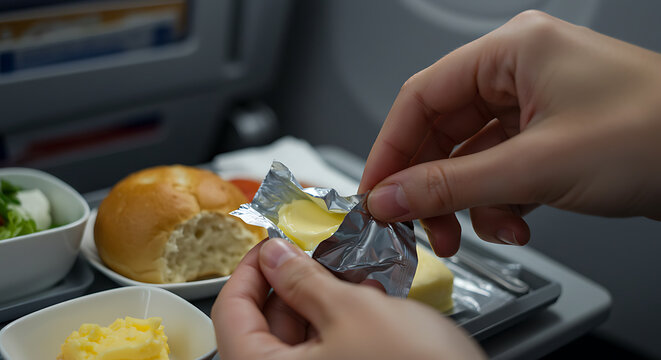 Hands unwrapping butter packet on an airplane tray table during an in-flight meal, typical air travel dining experience