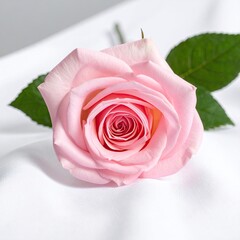 Single, delicate, pastel pink rose on white fabric