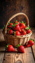 Fresh strawberries in a woven basket on a wooden table (1)