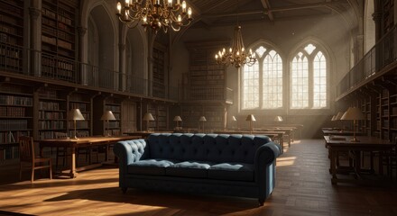 A sunlit, stately library interior showcases a comfortable blue sofa amidst rows of antique bookshelves.