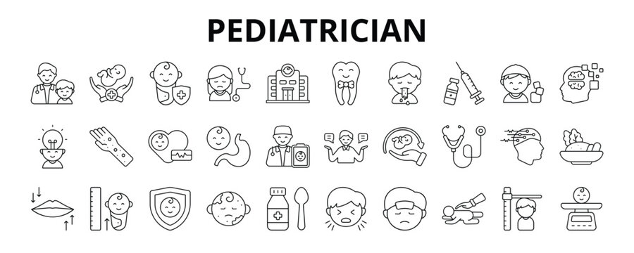 30 Pediatrician Line Icons Vector - Pediatric Clinic, Child Psychology, Childcare Doctor, Stethoscope, Encephalogram, Immunity, Child Food