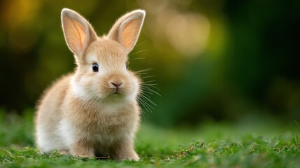 Fototapeta premium Small, soft, peach-colored bunny sits on green grass with blurred green background