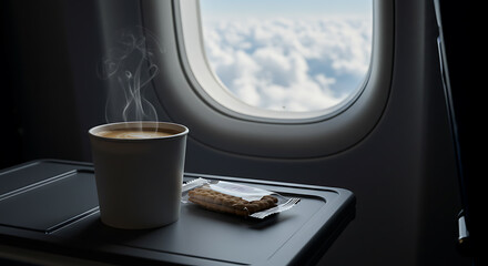 Hot beverage and snack on airplane tray table with cloudscape view during flight, in-flight refreshment