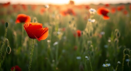Fototapeta premium A vibrant red poppy stands out in a sun-drenched wildflower meadow at sunset.