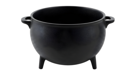 Classic black cauldron with handles and three legs, perfect for culinary or festive themes.