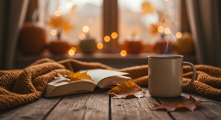 Cozy autumn still life with a steaming mug of coffee, an open book, and a warm knitted blanket on a rustic wooden table by a window with pumpkins and lights