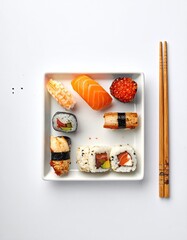 Assorted sushi pieces on a white square plate, with chopsticks beside