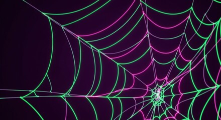 Vibrant neon spiderweb design with pink and green lines on a dark purple background