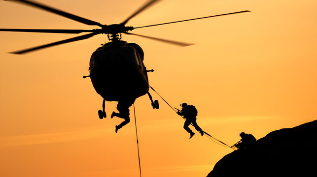 silhouette soldiers in action rappelling climb down from helicopter with military mission counter terrorism assault training on sunset background