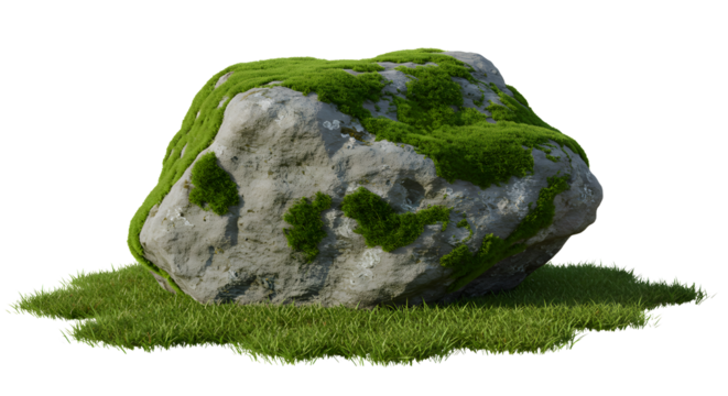 Mossy rock formation creates a natural garden accent or landscape design element with grassy base