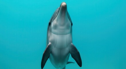 Naklejka premium Close-up view of a playful dolphin emerging from the turquoise water, showcasing its sleek gray form and inquisitive expression.