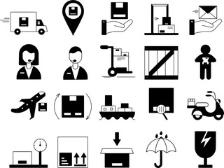 Logistics, Delivery, and Shipping Black Silhouette Icons Set