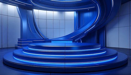 Futuristic blue stage with glowing steps