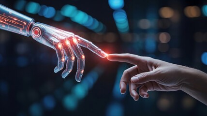 Human and AI hands connect in futuristic digital interface, innovation sparks