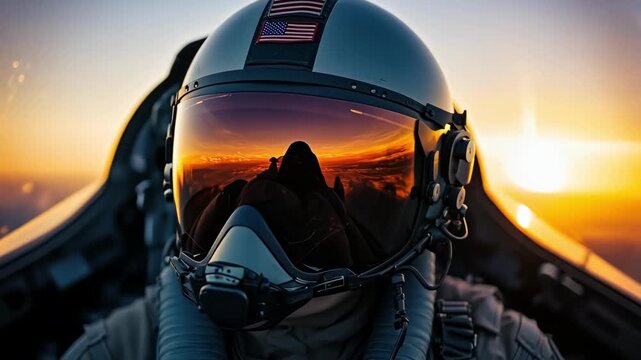 Fighter pilot soars through the sky at sunset, reflected in visor.