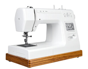 A hyper-realistic PNG of a classic white sewing machine featuring polished wooden details, angled side view under soft daylight, 8K resolution, transparent background.