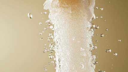 Coconut water frozen in a bursting column with light glinting on individual droplets, captured against a subtle olive background