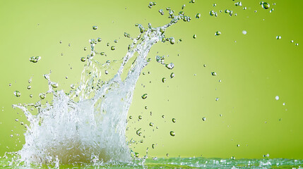 Coconut water splashing upward in a frozen arc with clear droplets suspended mid-air against a vibrant lime green background