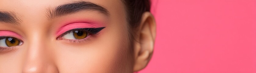 Pastel Grunge Makeup Style for Bold Aesthetic, Close-up of a woman's eye with vibrant pink makeup against a bright pink background.
