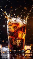 Dark soda drink with ice and splash